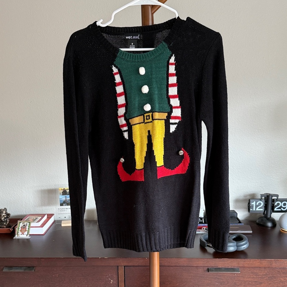 Wet Seal Ugly Xmas Sweater with Elf Graphic